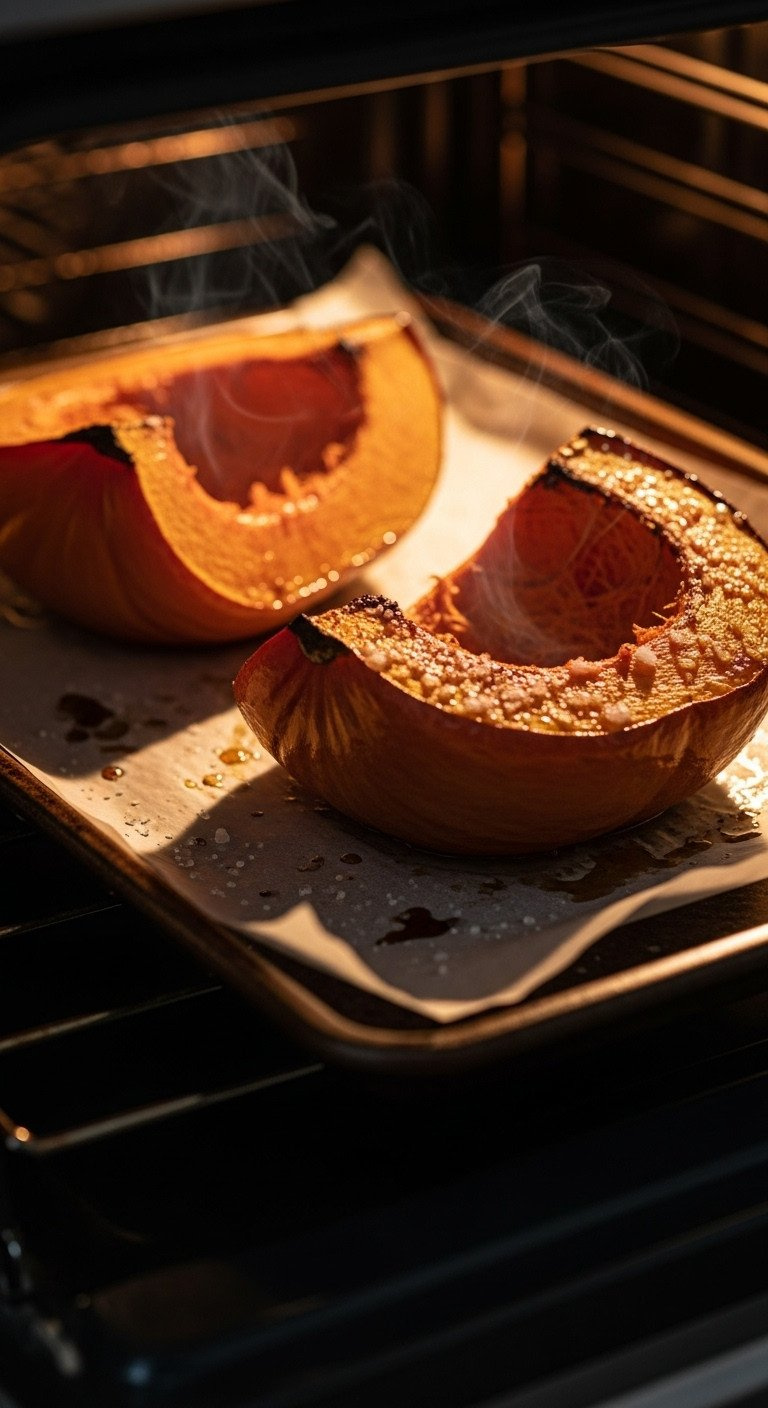 Two Halves Of Roasted Sugar Pumpkin, Cut-Side Down, On Parchment-Lined Baking Sheet With Sea Salt. Deeply Caramelized, Tender Recipe Ingredient.