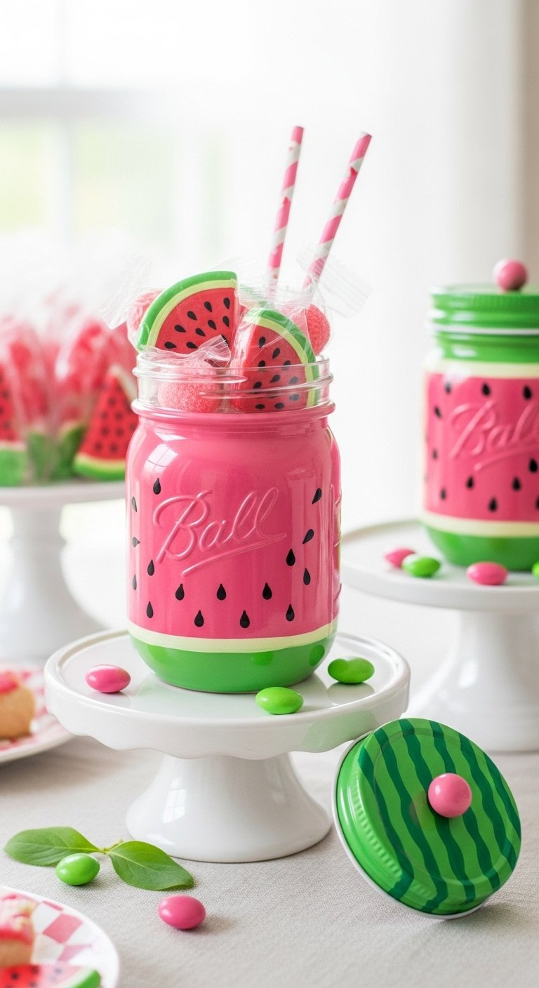 Two Hand-Painted Watermelon Mason Treat Jars Filled With Colorful Candies On A White Ceramic Cake Stand.