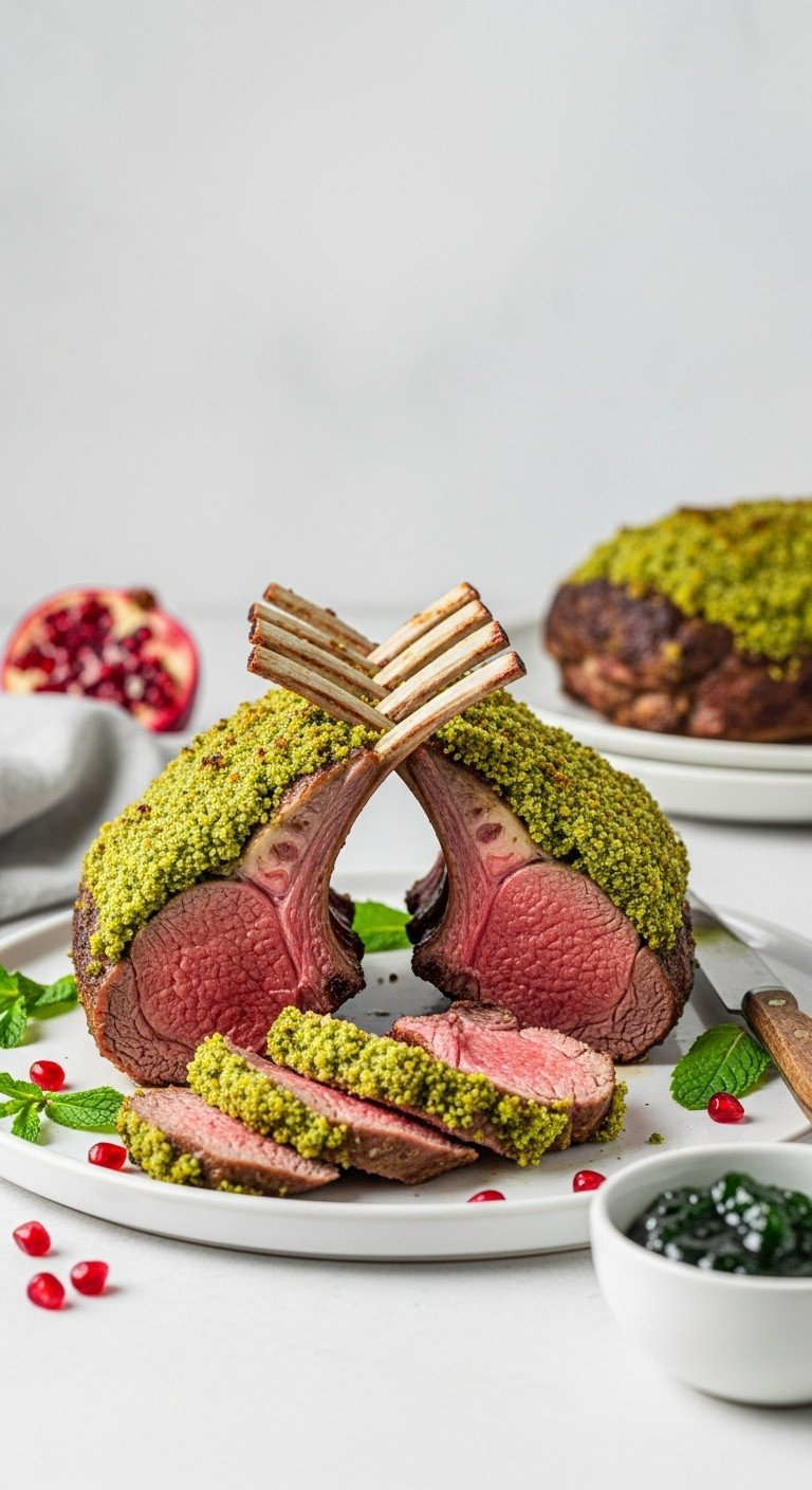 Two Herb-Crusted Racks Of Lamb With Rosy Pink Interior, Garnished With Pomegranate And Mint Jelly, On A White Platter.