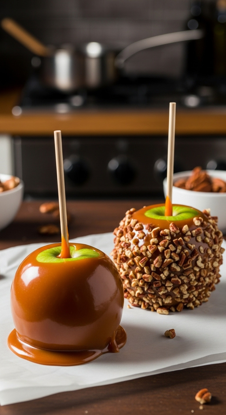 Two Homemade Caramel Apples, One Plain, One With Pecans, Cooling On Parchment Paper. Classic Fall And Halloween Treat.