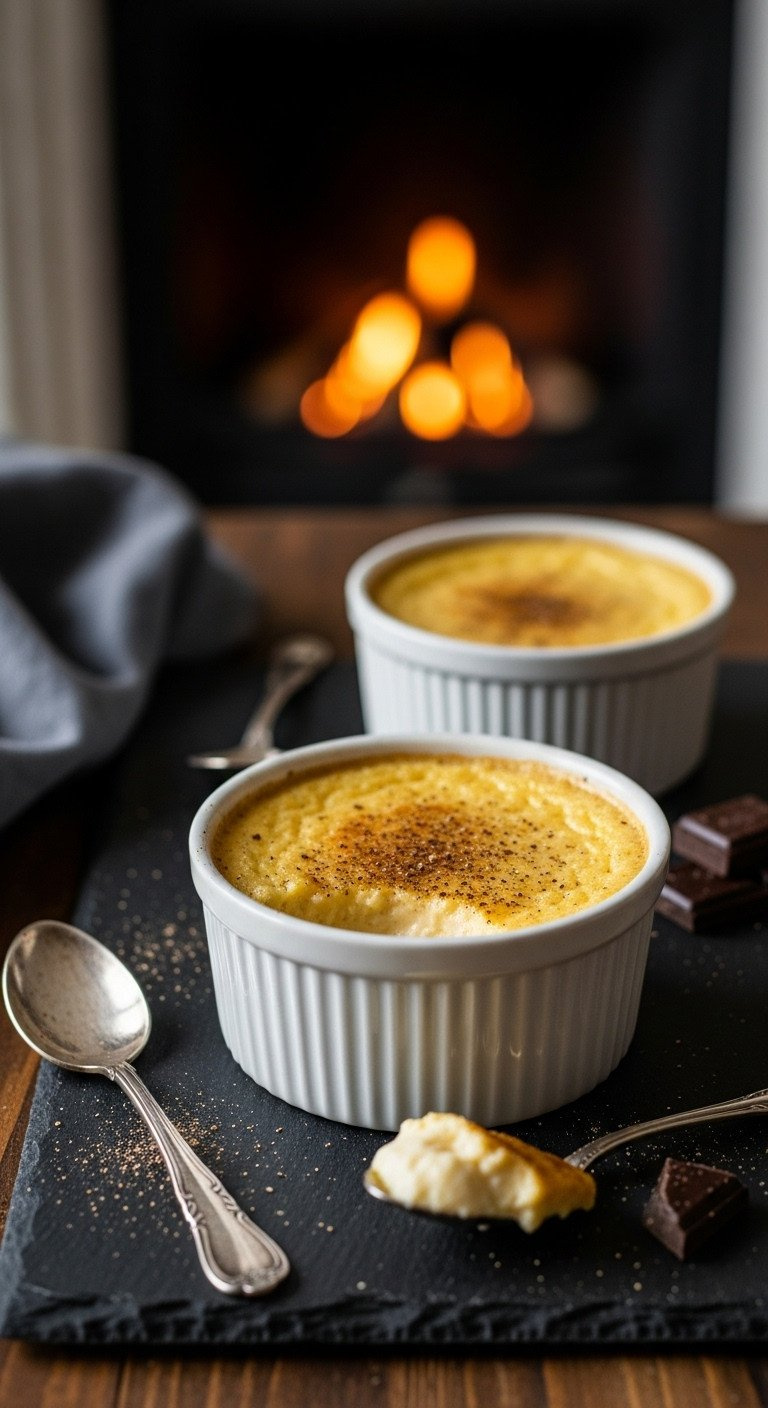 Two Individual Baked Eggnog Custards In White Ramekins, Showing The Creamy Texture. An Elegant Christmas Dessert Recipe.