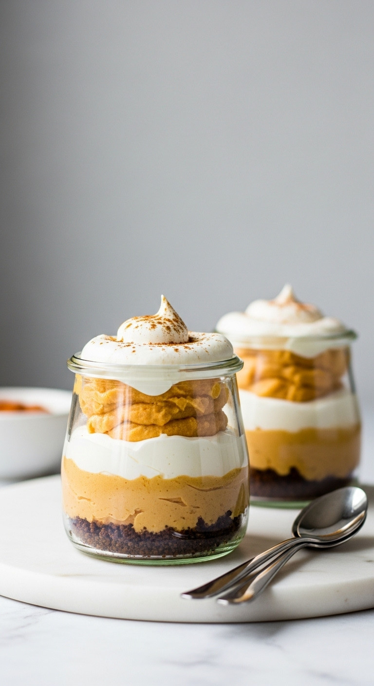 Two Individual No-Bake Pumpkin Cheesecake Desserts In Jars, Layered With Graham Cracker Crust, Creamy Filling, Whipped Cream, Cinnamon.