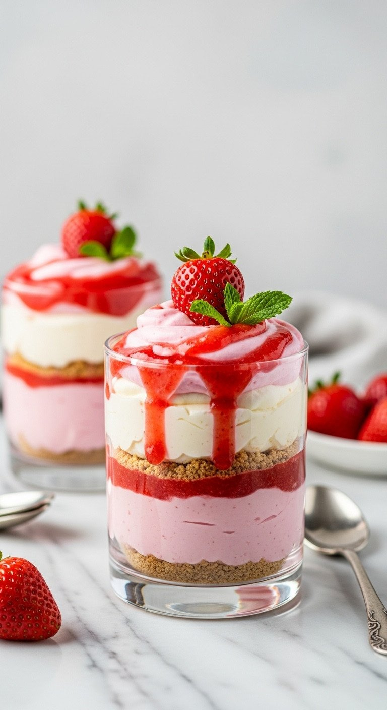 Two Layered No-Bake Strawberry Cheesecake Parfaits With Graham Cracker, Cream, And Fresh Berries, Garnished With Mint. Elegant Dessert.