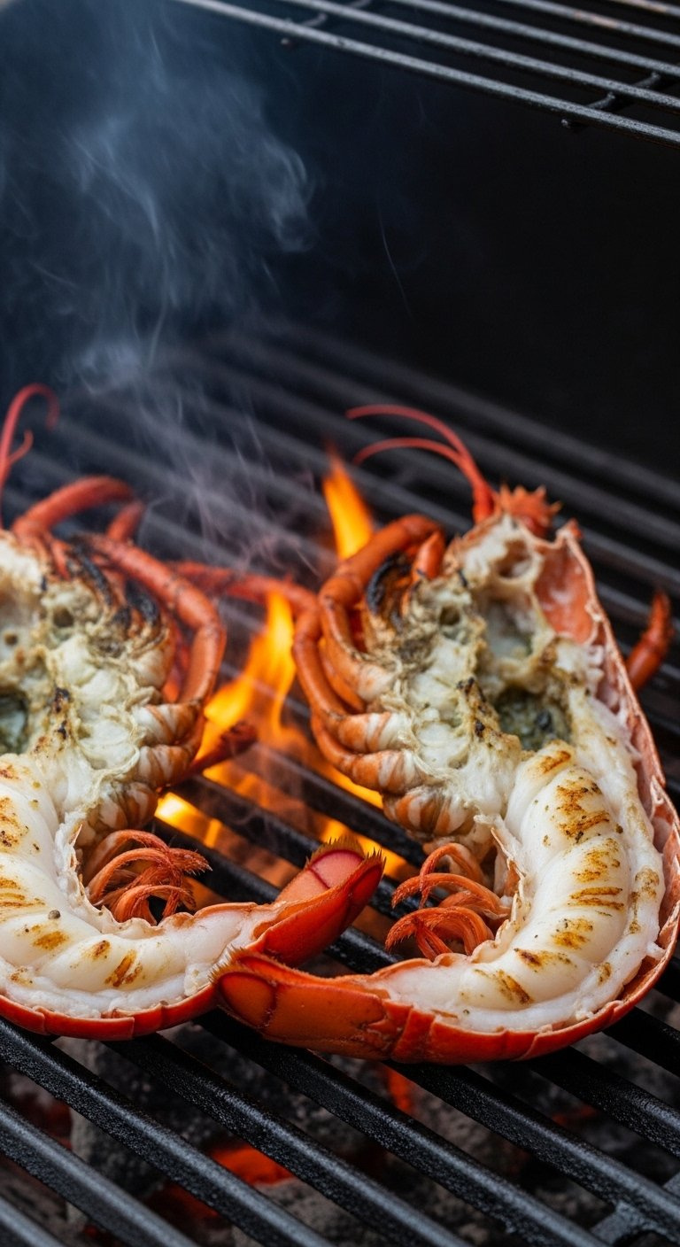 Two Lobster Halves Searing Flesh-Side Down On A Hot Barbecue Grate Forming Grill Marks Amidst Glowing Flames.