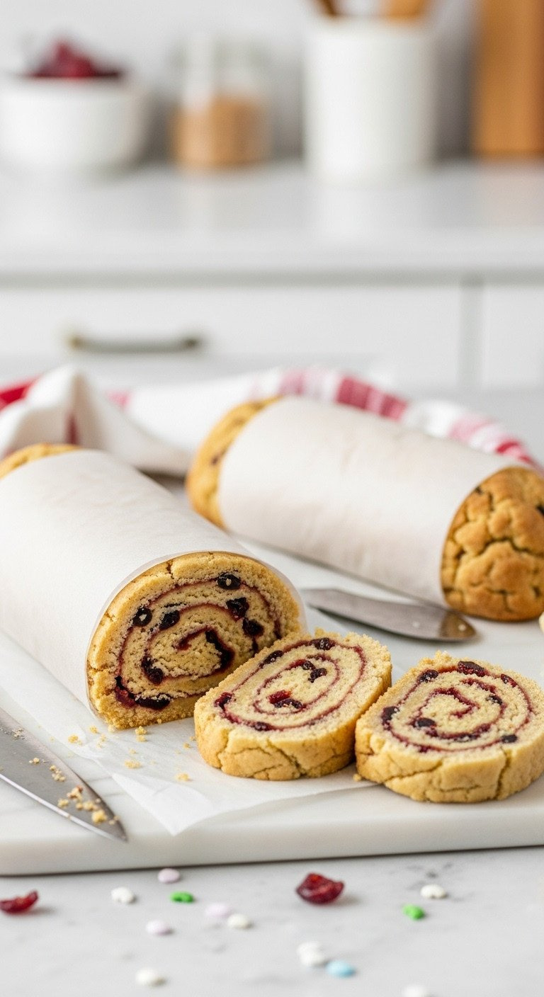 Two Logs Of Slice-And-Bake Cookie Dough With Cranberries And Nuts, With A Few Perfect Slices Cut On A Marble Pastry Board.