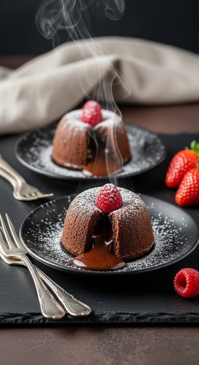 Two Mini Chocolate Lava Cakes, Cracked Open, Molten Chocolate Oozing, Dusted With Powdered Sugar And A Fresh Raspberry. Cozy, Gourmet Dessert.