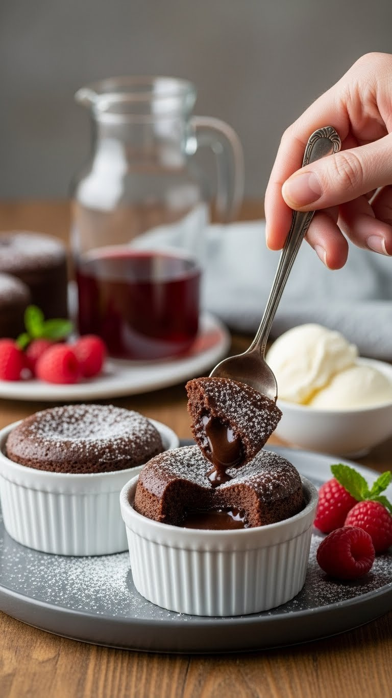 Two Mini Chocolate Lava Cakes In Ramekins With Spoon Revealing Molten Center, Dusted With Powdered Sugar