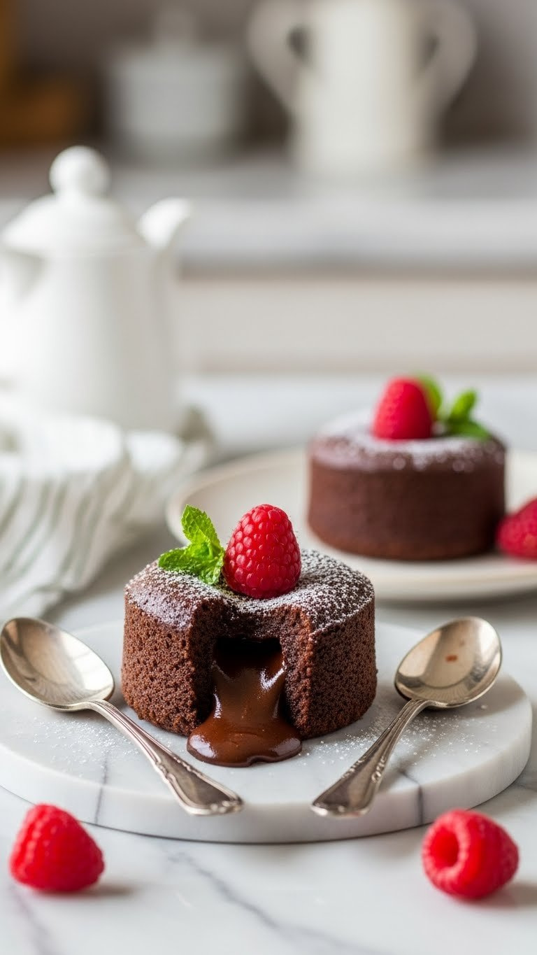 Two Mini Chocolate Lava Cakes With Molten Centers In Ramekins Garnished With Raspberries On Marble Countertop With Dessert Spoons