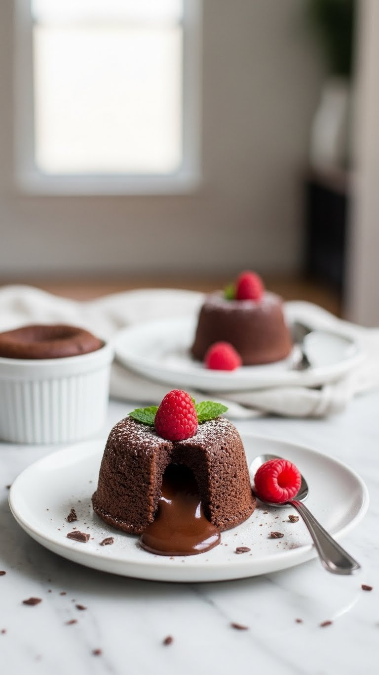Two Mini Chocolate Lava Cakes With Molten Centers Oozing Chocolate, Garnished With Fresh Raspberry And Powdered Sugar