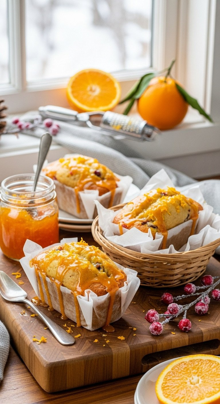Two Mini Cranberry Orange Loaves With A Sweet Orange Glaze In Woven Baskets, An Ideal Edible Gift For The Holidays.
