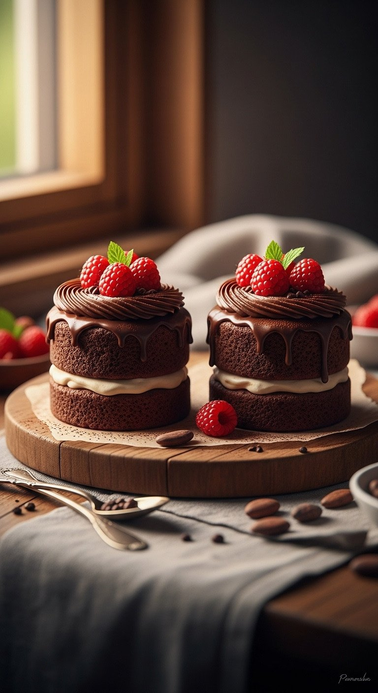 Two Miniature Double-Layer Chocolate Cakes Topped With Ganache, Fresh Raspberries, And Cocoa Powder On A Rustic Wooden Board. Cozy Dessert.