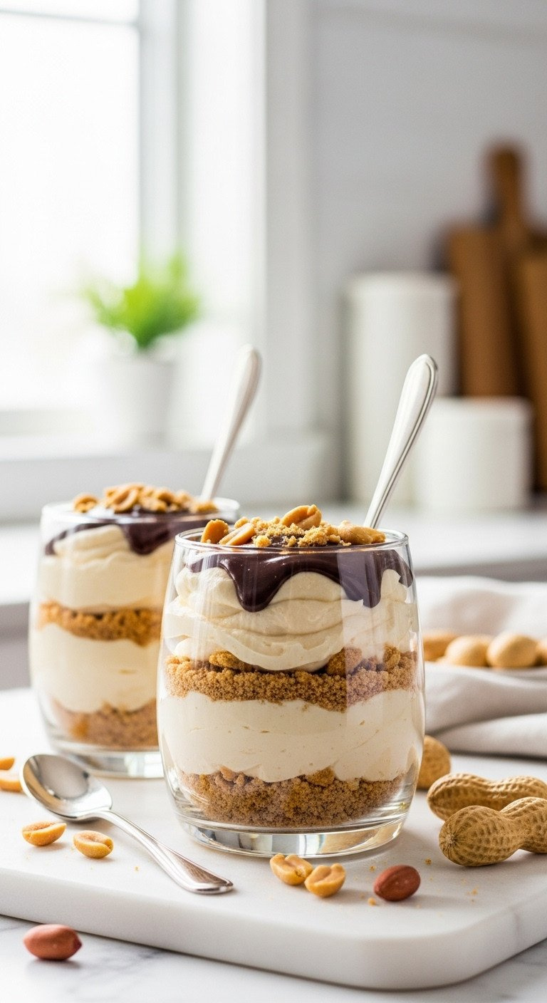 Two No-Bake Peanut Butter Cheesecake Parfaits In Clear Glasses, Layered With Chocolate Ganache And Crumbs. Elegant, Fresh Dessert.