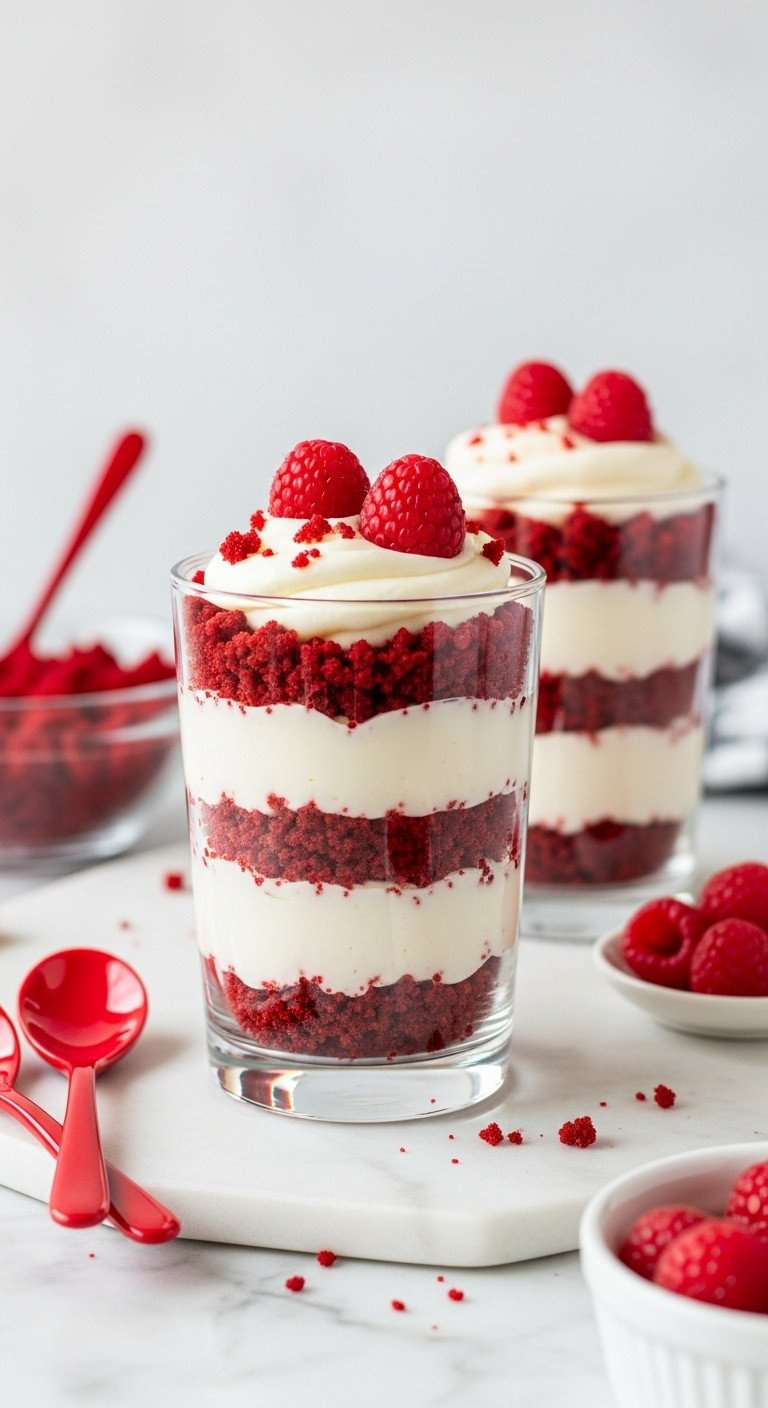Two No-Bake Red Velvet Cheesecake Parfaits In Clear Glass Cups, Layered With Creamy White Filling And Fresh Raspberries.