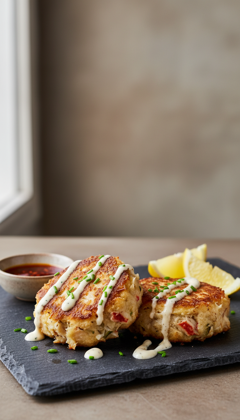 Two Pan-Fried Spicy Crab Cakes With Golden-Brown Crust, Visible Crab Meat, Zesty Aioli, And Chives On A Dark Plate.