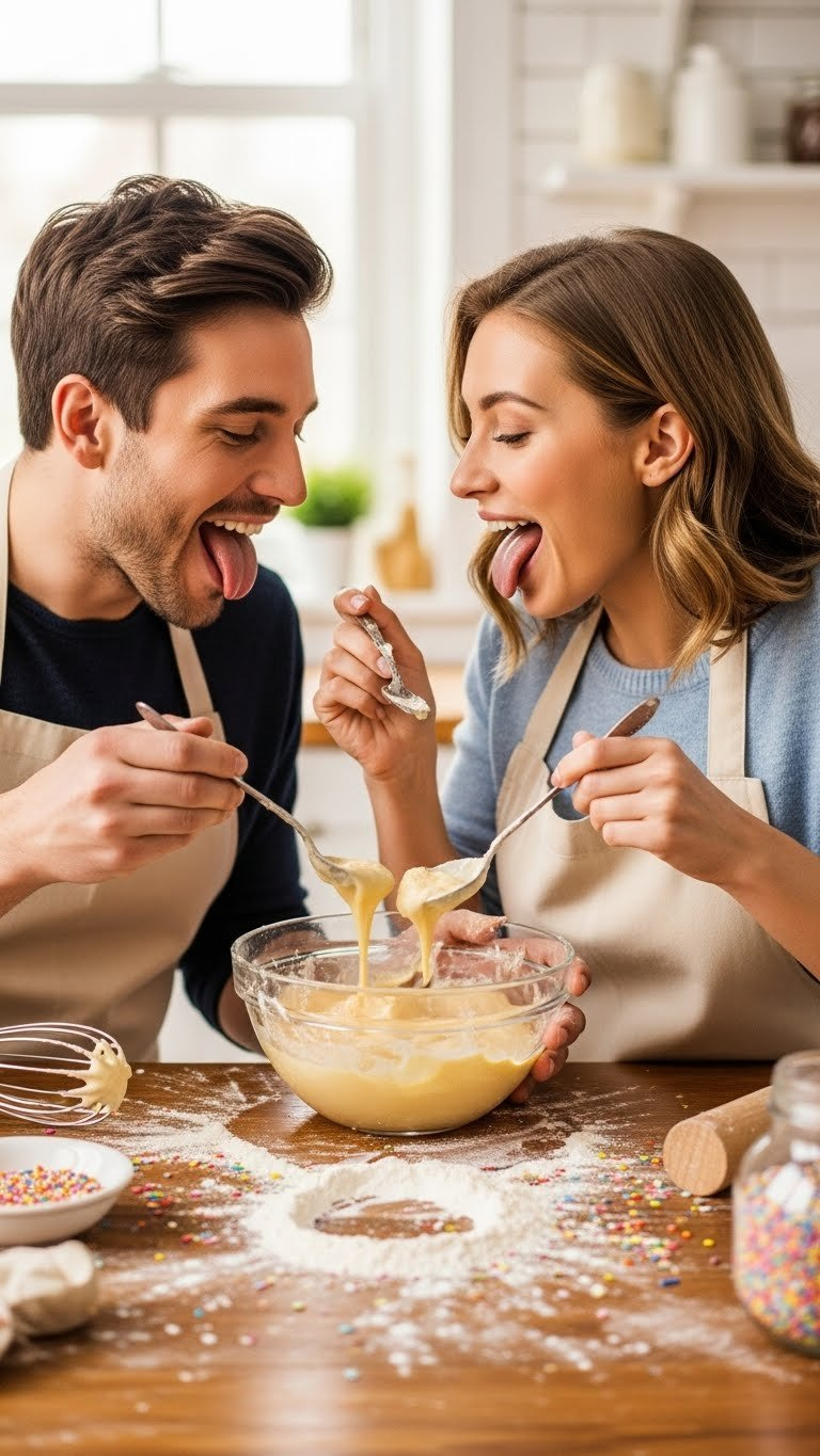 Two People Joyfully Licking Cake Batter From Mixing Bowl During Baking Session Surrounded By Flour And Colorful Sprinkles