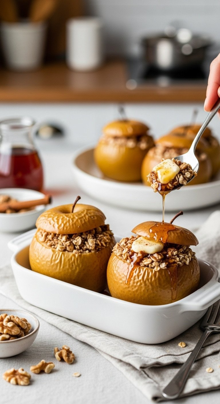 Two Perfect Baked Apples In White Dish, Glossy Wrinkled Skins, Bubbling Oat-Cinnamon-Butter Filling Spilling From Cored Centers.
