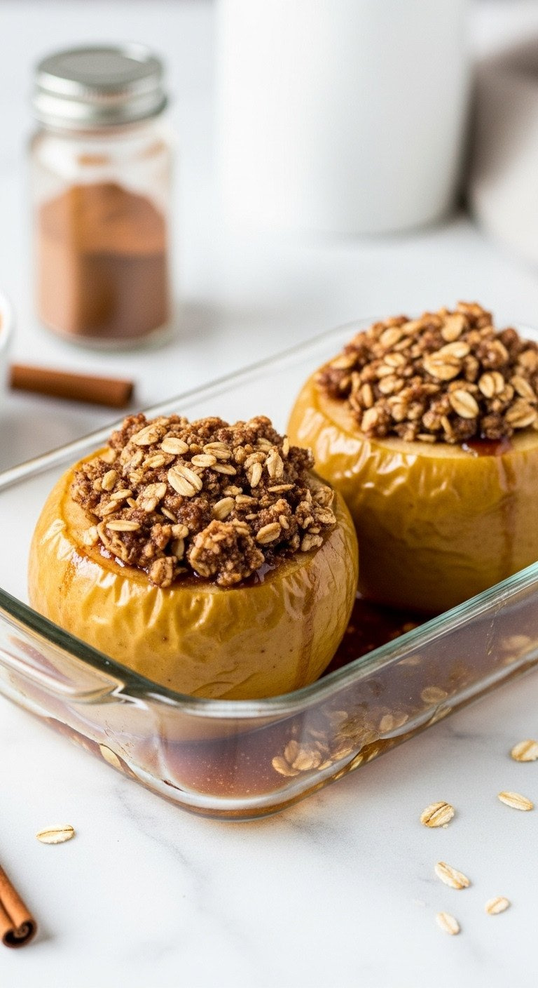 Two Perfectly Baked Apples With Bubbling Oat Cinnamon Filling And Caramel Syrup In A Glass Dish.