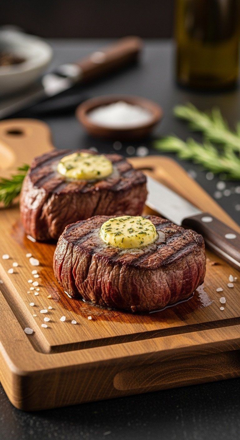 Two Perfectly Cooked Filet Mignon Steaks Resting On A Wood Cutting Board, One Topped With Melting Compound Butter And Rosemary.