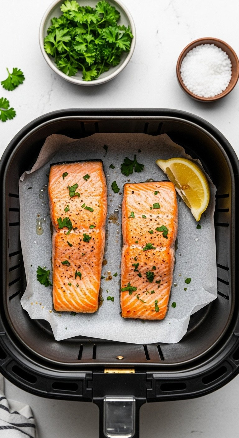 Two Perfectly Cooked Salmon Fillets With Parsley And A Lemon Wedge Resting In An Air Fryer Basket For A Quick Healthy Meal.