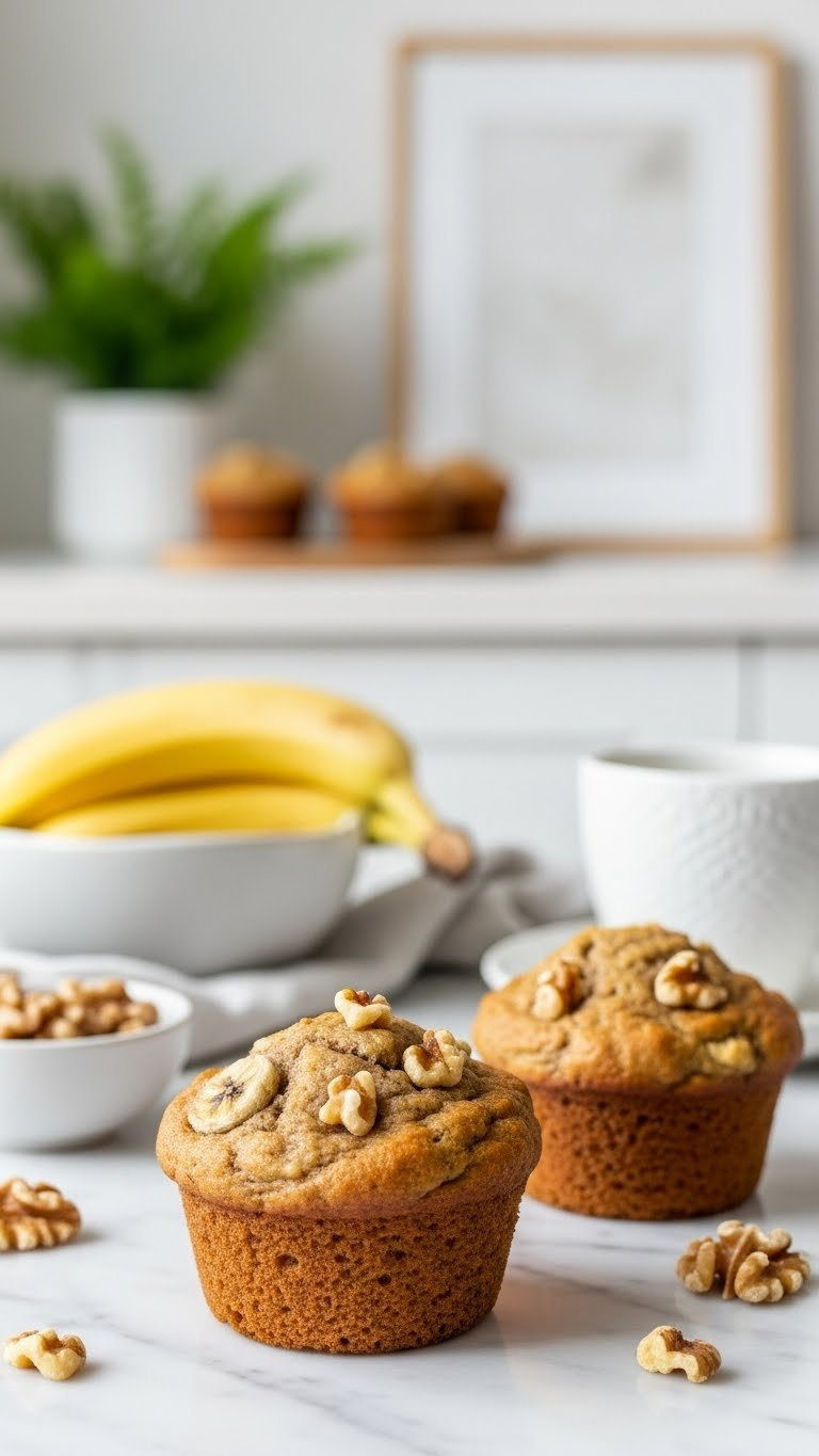 Two Perfectly Domed Gluten-Free Banana Muffins With Chopped Walnuts On Marble Countertop In Daylight