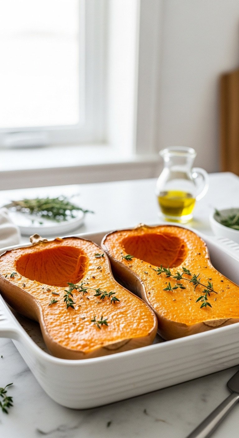 Two Perfectly Roasted Butternut Squash Halves With Caramelized Edges In A White Ceramic Dish On A Marble Countertop.