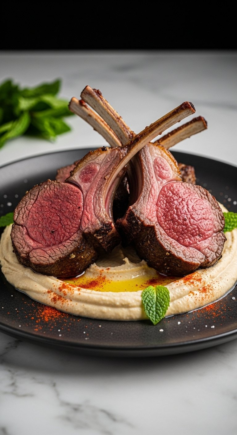 Two Perfectly Seared Lamb Chops With A Caramelized Crust Resting On A Bed Of Creamy Hummus Garnished With Mint.