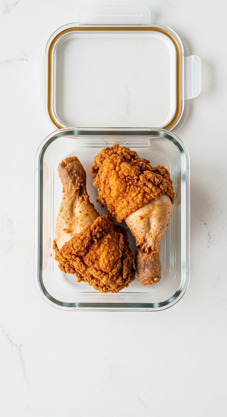 Two Pieces Of Cold Fried Chicken Stored Neatly Inside A Clear Glass Food Storage Container On A White Counter.