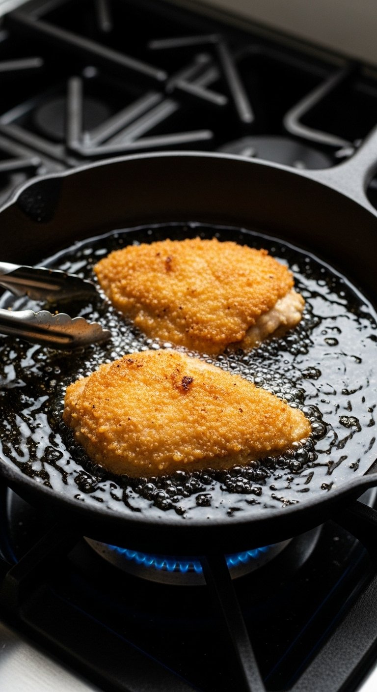Two Pieces Of Golden Brown Breaded Country Fried Chicken Sizzling In Oil Inside A Black Cast Iron Skillet.