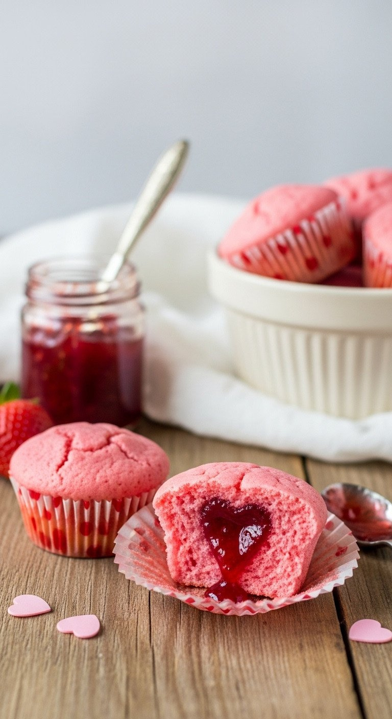 Two Pink Heart Melting Muffins With Oozing Jam Centers In Valentine's Liners On A Rustic Wooden Table, Cozy Bake.