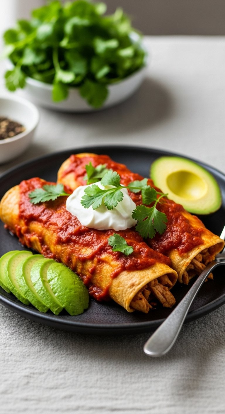 Two Plated Chicken Enchiladas Are Garnished With Sour Cream, Fresh Cilantro, And Sliced Avocado.