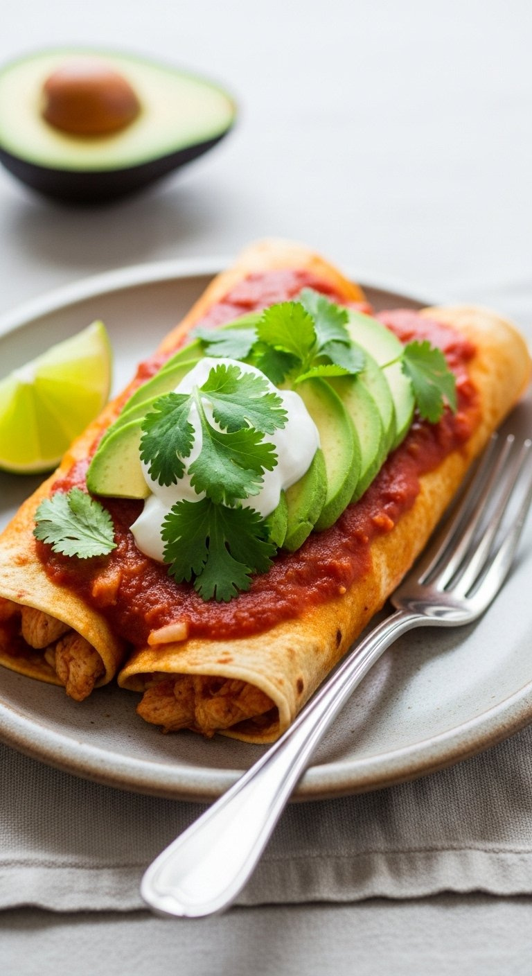 Two Plated Chicken Enchiladas Garnished With Cilantro, Sour Cream, And Fresh Avocado Slices.