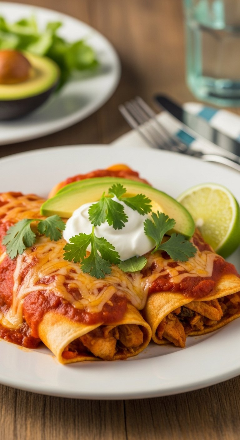 Two Plated Chicken Enchiladas Garnished With Sour Cream Cilantro And Avocado Slices.