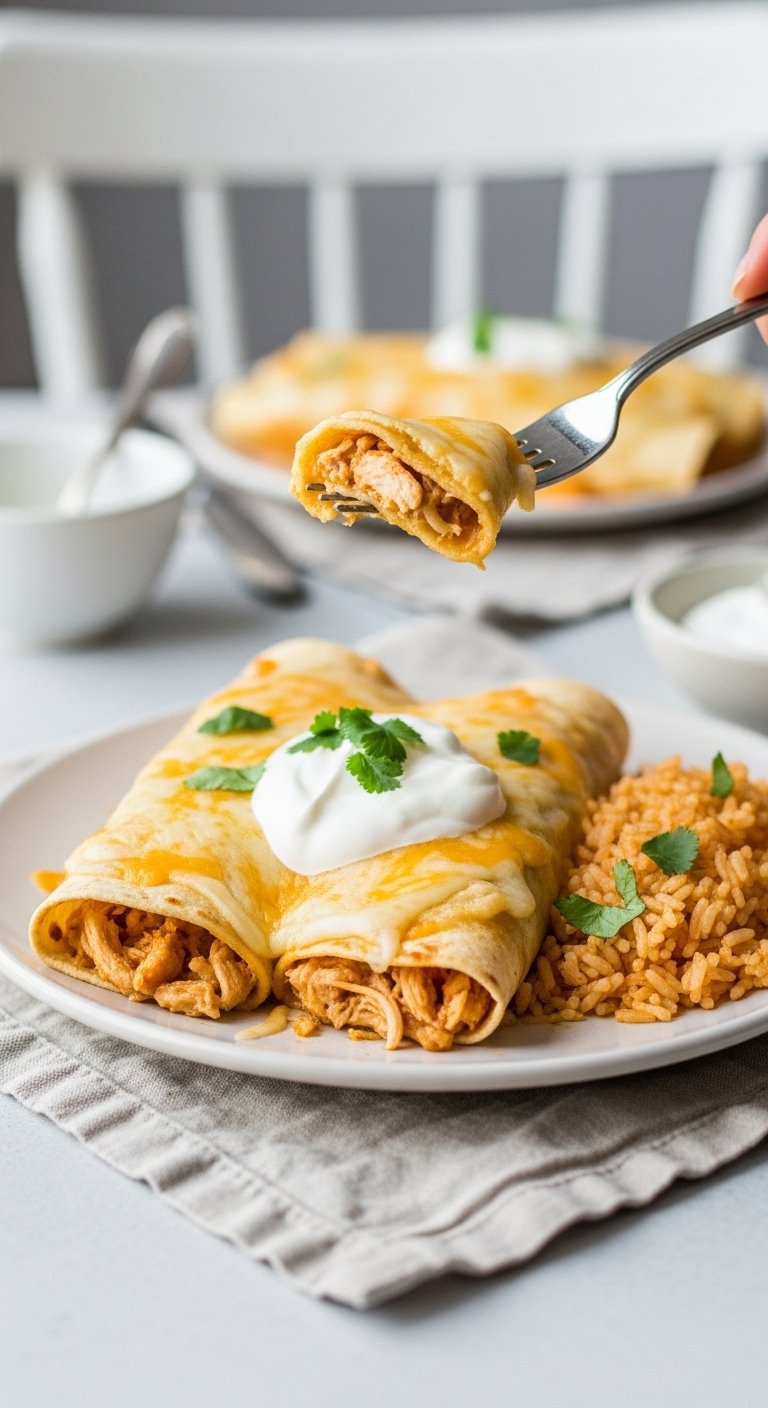 Two Plated Creamy White Chicken Enchiladas With Visible Filling Served With Mexican Rice And Sour Cream.