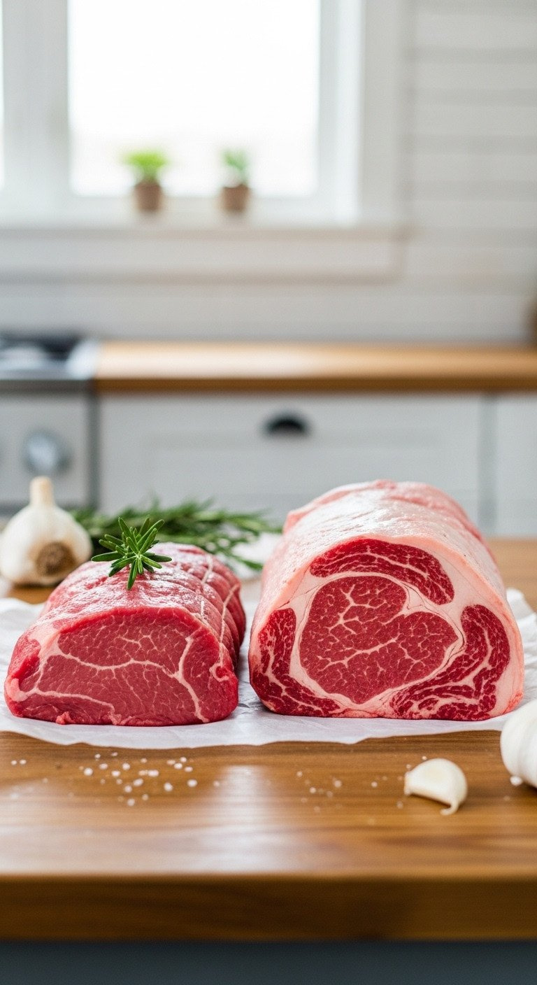 Two Raw Beef Cuts, A Lean Tenderloin And Marbled Eye Of Round, On Butcher Paper With Rosemary &Amp; Garlic. Ideal For Recipe Prep.