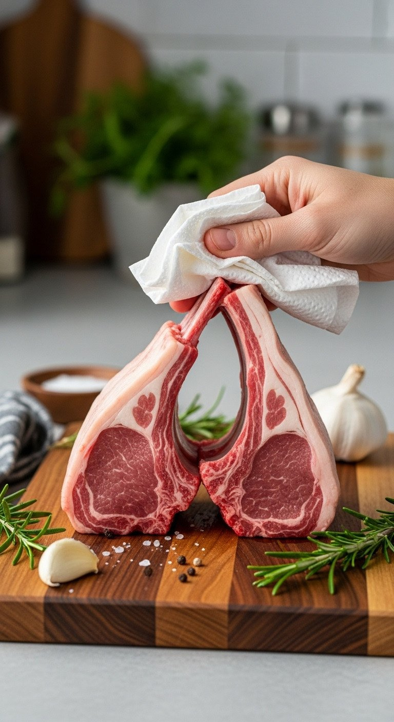 Two Raw, Bone-In Lamb Chops Being Patted Dry On A Wood Cutting Board With Rosemary And Garlic Nearby For A Recipe.