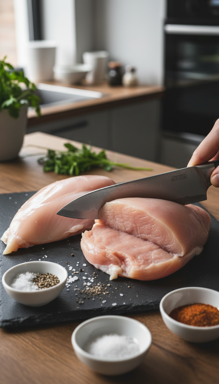 Two Raw Boneless Chicken Breasts On A Dark Slate Cutting Board With One Butterflied By A Chef's Knife.