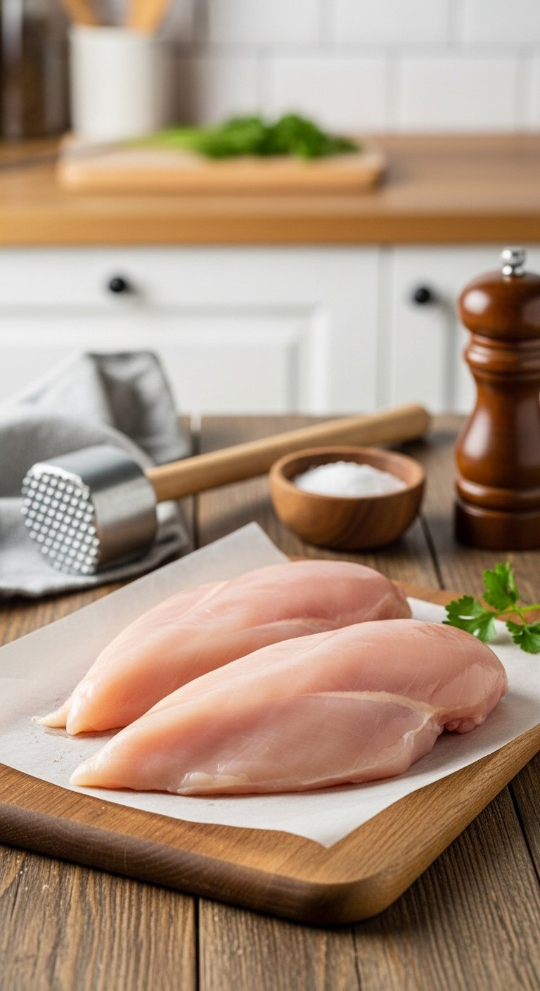 Two Raw Chicken Breasts Pounded To Even Thickness On A Rustic Wooden Cutting Board With Salt And Pepper.