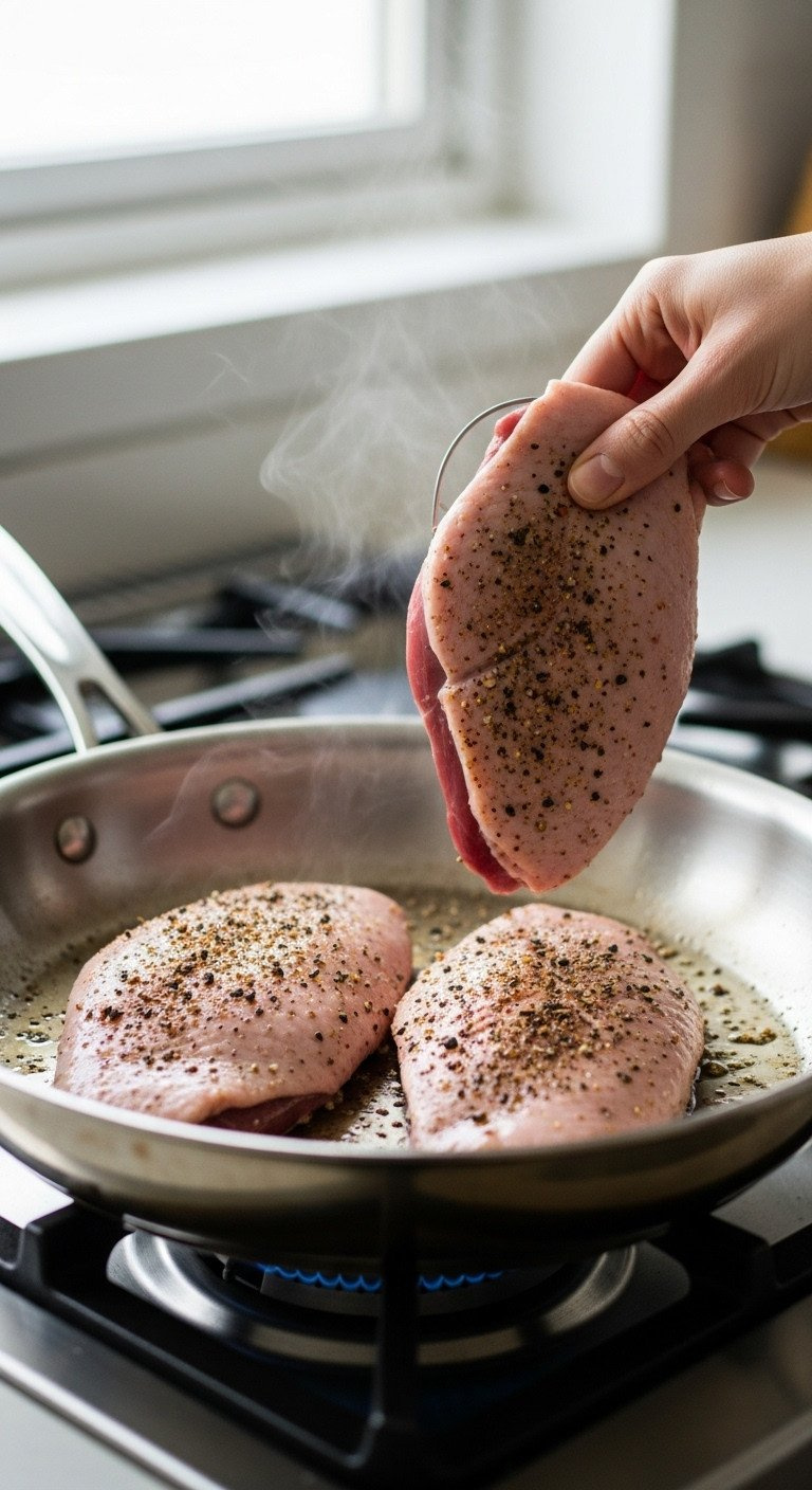 Two Raw, Seasoned Duck Breasts Placed Skin-Side Down In A Cold Stainless Steel Skillet, Ready To Be Cooked On A Stovetop.