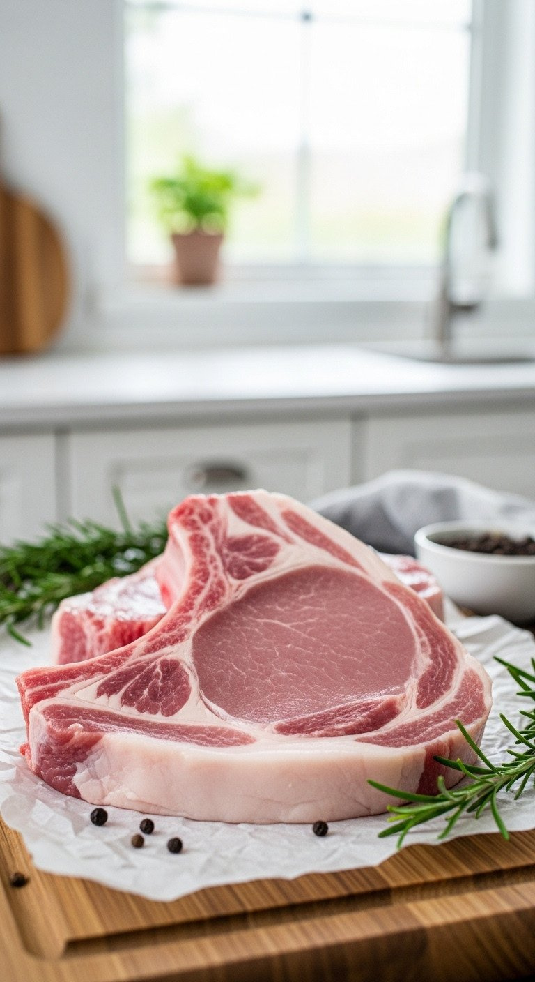 Two Raw Thick-Cut Bone-In Pork Chops With Fresh Rosemary Rest On White Butcher Paper On A Rustic Wooden Cutting Board.