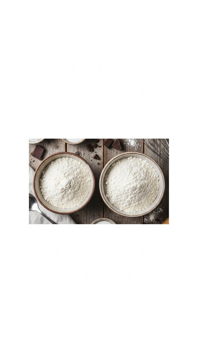 Two Rustic Ceramic Bowls Filled With White Flour And Bread Flour On A Wooden Table.