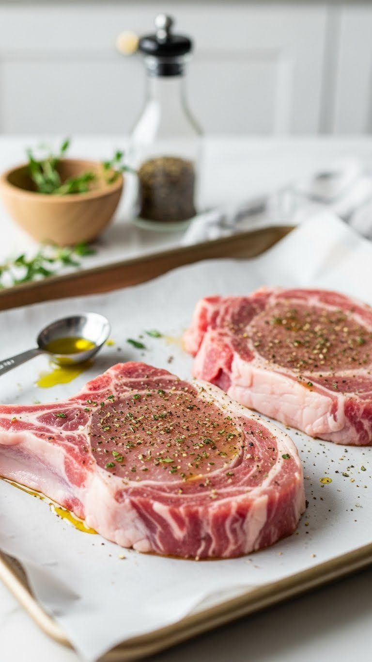 Two Seasoned Boneless Pork Chops Glistening With Olive Oil On Parchment-Lined Baking Sheet Ready For Oven Cooking