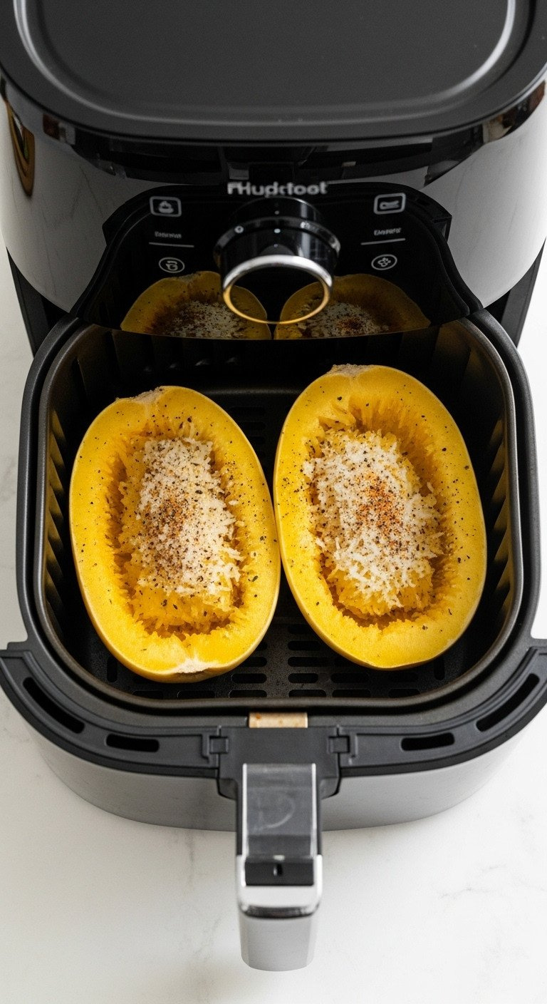 Two Seasoned Spaghetti Squash Halves Placed Cut-Side Up Inside A Modern, Open Air Fryer Basket, Ready For Cooking.