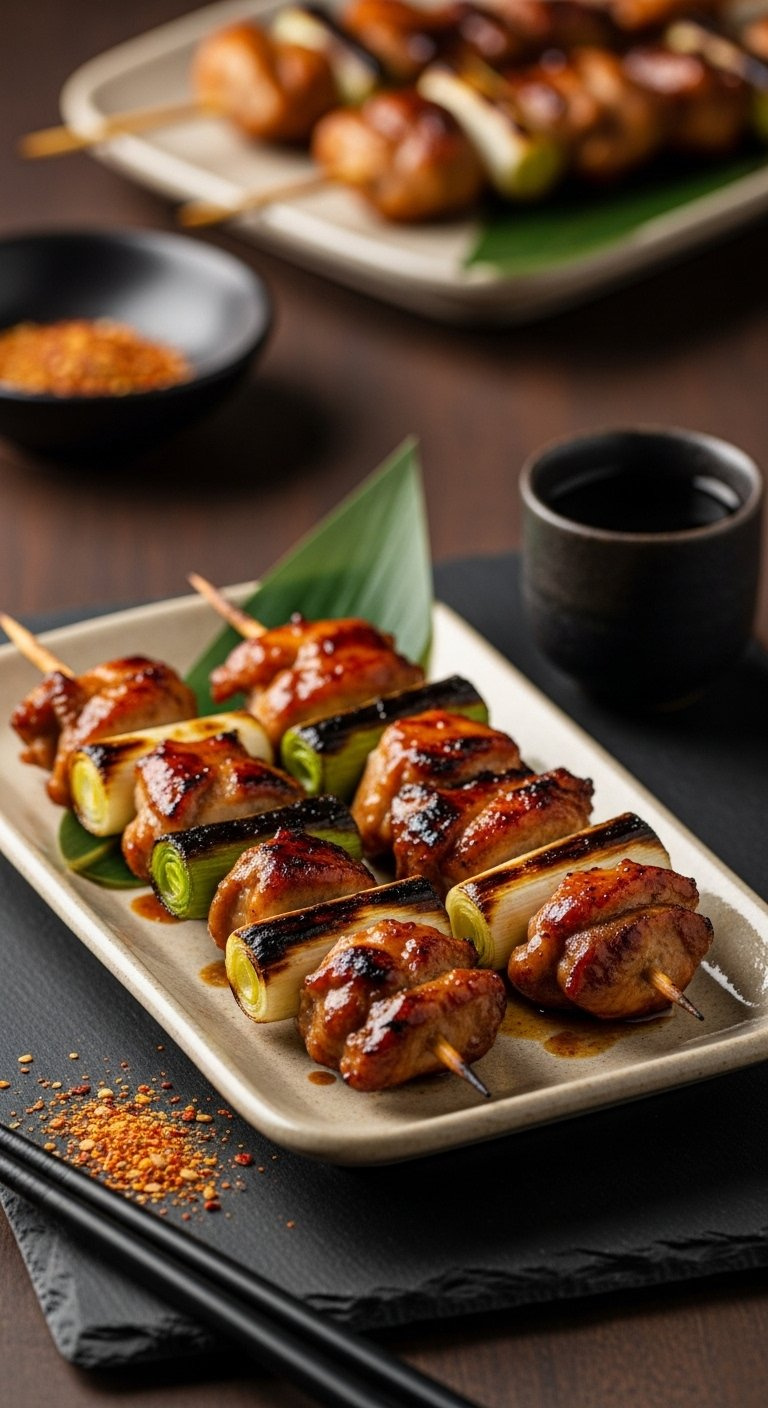 Two Skewers Of Caramelized Negima Yakitori Chicken And Leek Glazed With Savory Sauce On A Dark Slate Plate.