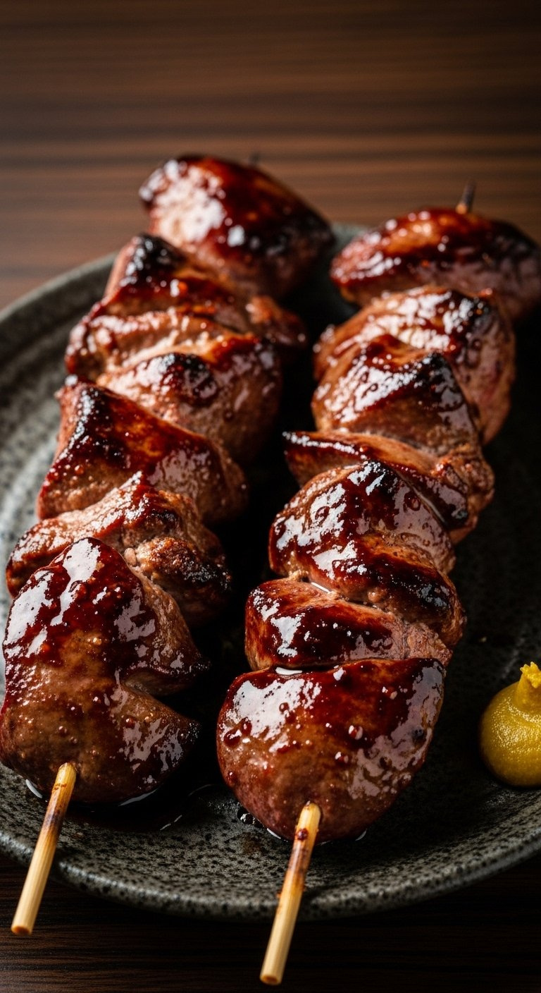 Two Skewers Of Rich Dark Reba Chicken Liver Coated In Thick Glossy Tare Sauce With Mustard On Side.