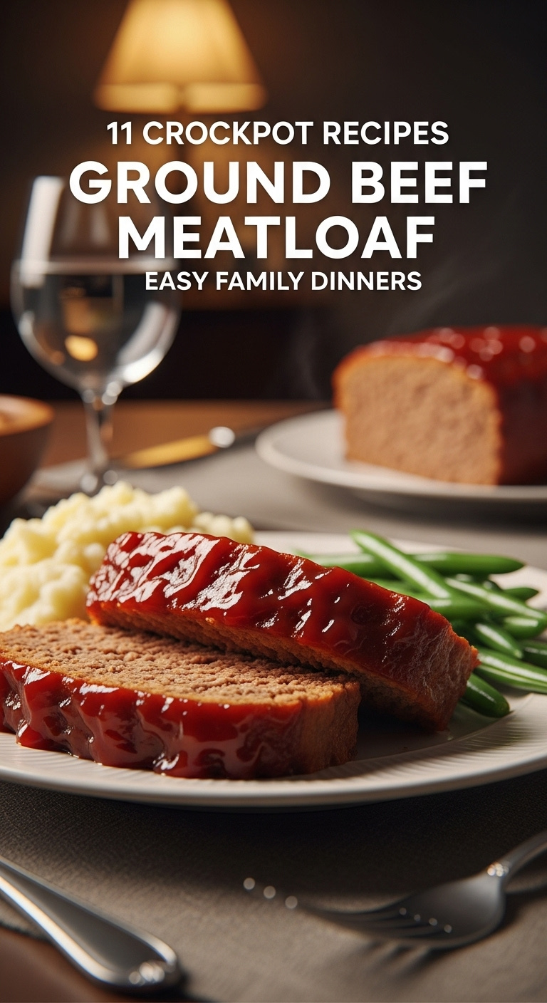 Two Slices Of Slow Cooker Meatloaf With Caramelized Glaze Mashed Potatoes And Green Beans On A White Plate With Cutlery