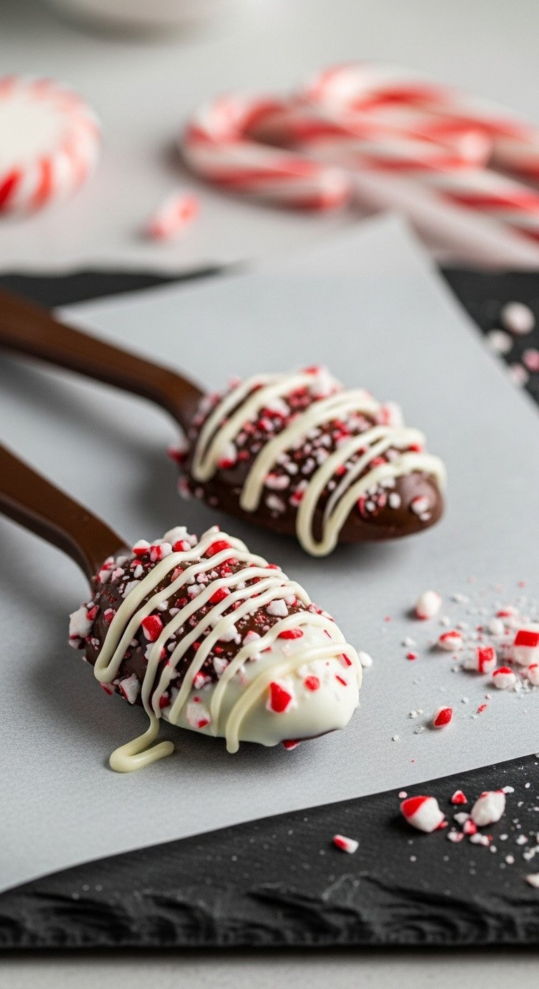 Two Spoons Dipped In Dark Chocolate And Crushed Peppermint Candy Canes, An Easy And Elegant Homemade Holiday Gift Idea.
