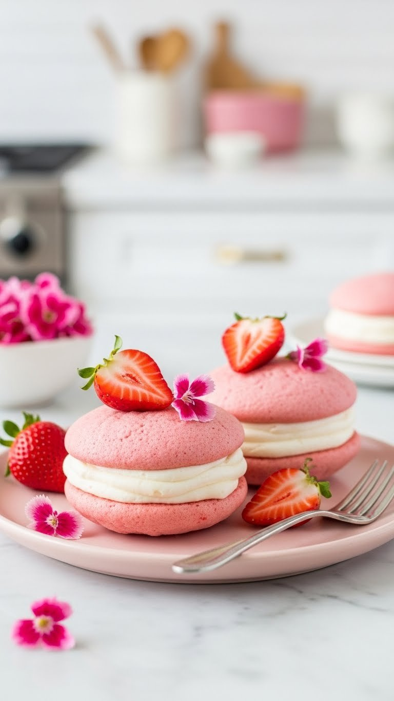 Two Strawberry And Cream Whoopie Pies With Pink Cookies And Cream Cheese Frosting Garnished With Fresh Strawberry Slices