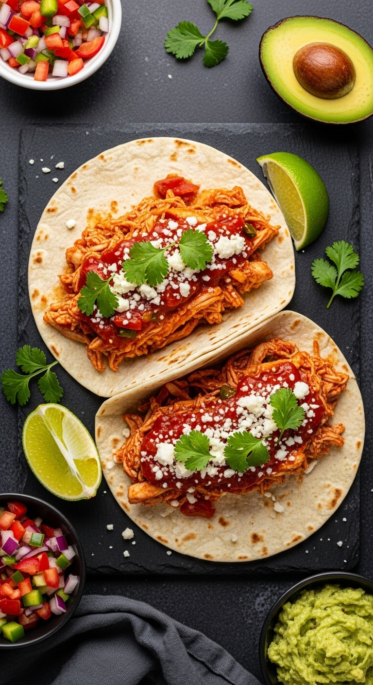 Two Street Style Slow Cooker Chicken Tacos With Shredded Salsa Chicken Cotija Cheese Cilantro And Lime On A Slate Board