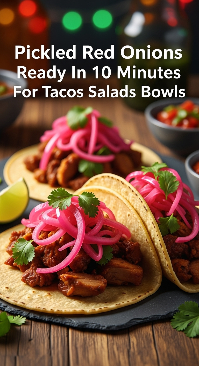 Two Street Tacos With Savory Carnitas Vibrant Pickled Red Onions And Fresh Cilantro On A Rustic Wood Table With Lime And Salsa