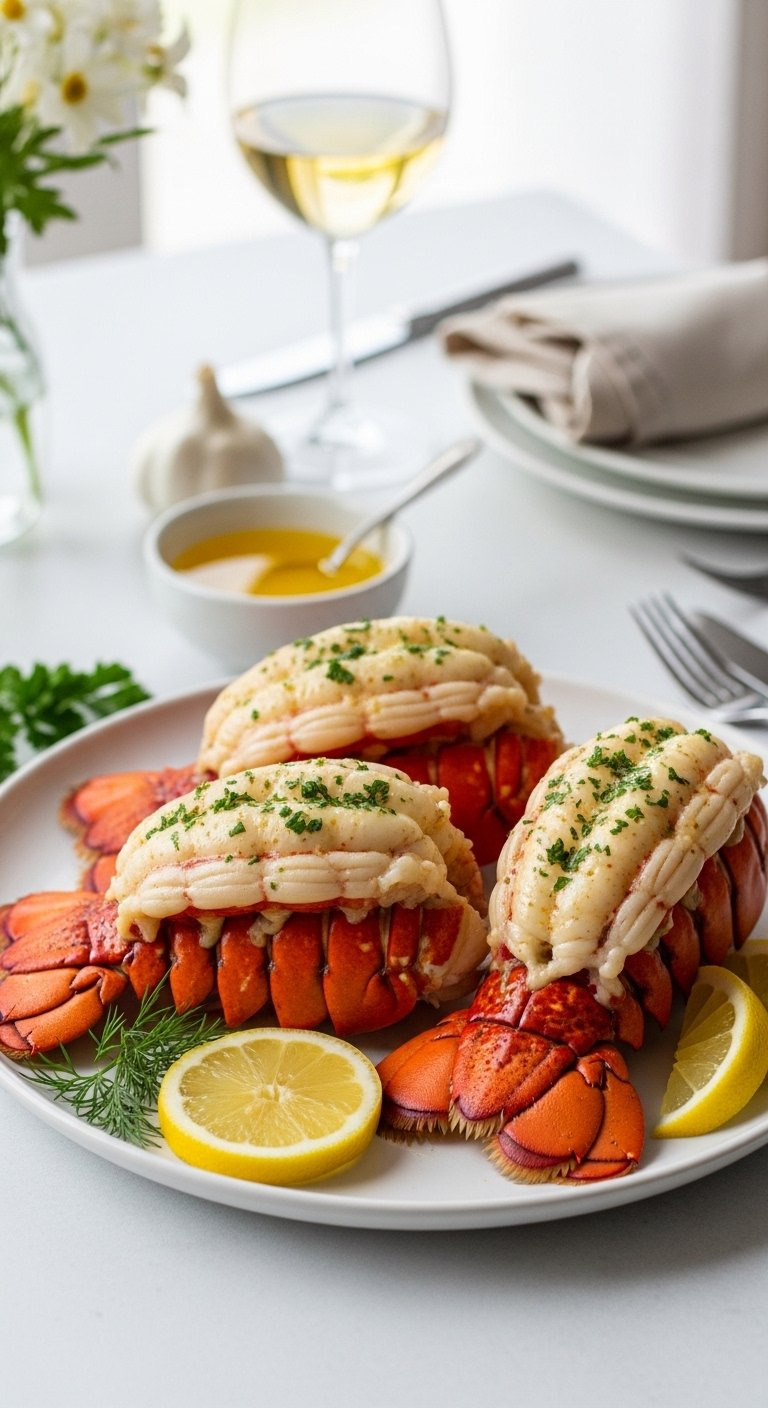 Two Succulent Garlic Butter Lobster Tails Elegantly Plated On White Dinner Dish With Lemon Wedges And Parsley.